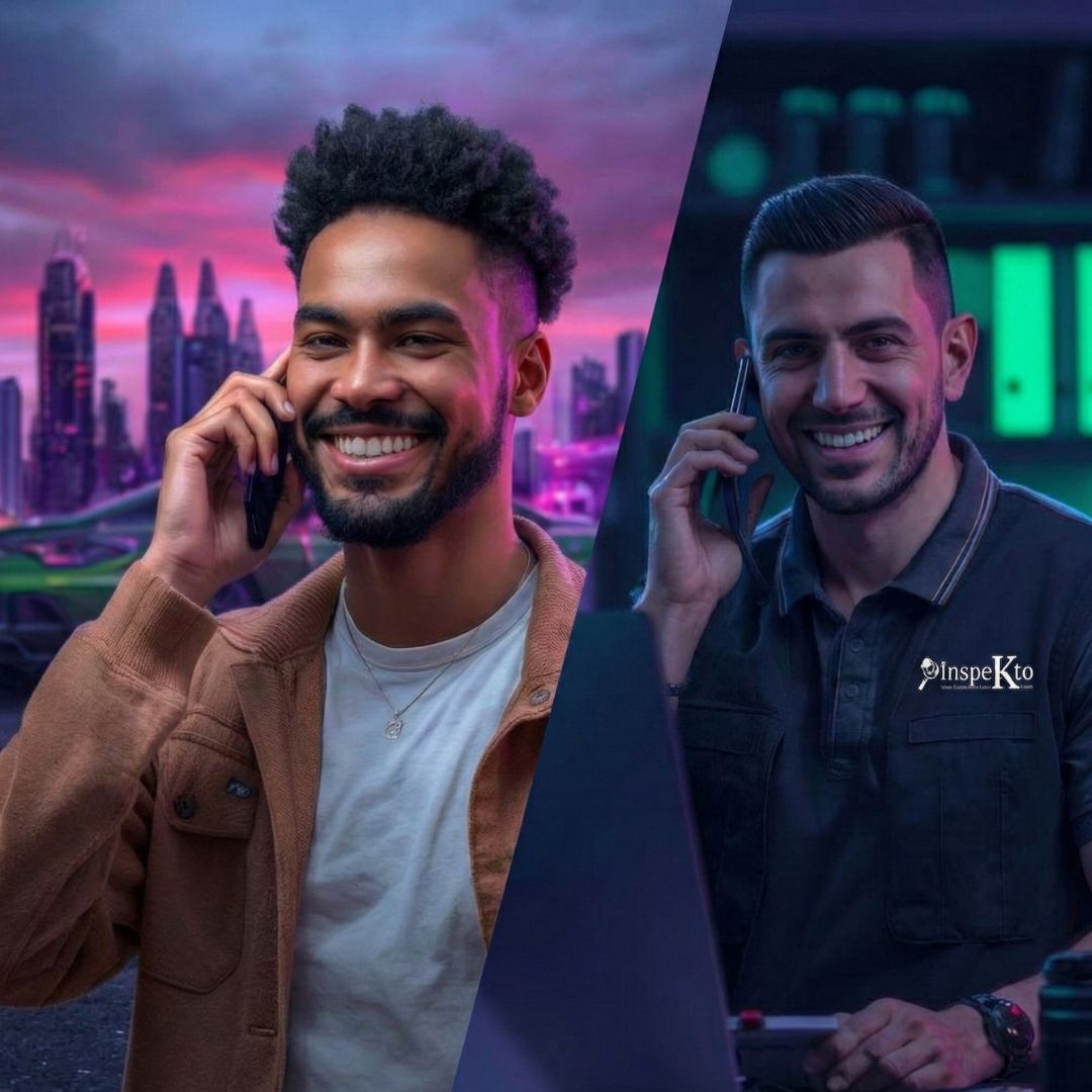 Ein Kunde und Inspekto Kablan der Kfz-Gutachter bei der telefonischen Schadensmeldung nach einem Autounfall.