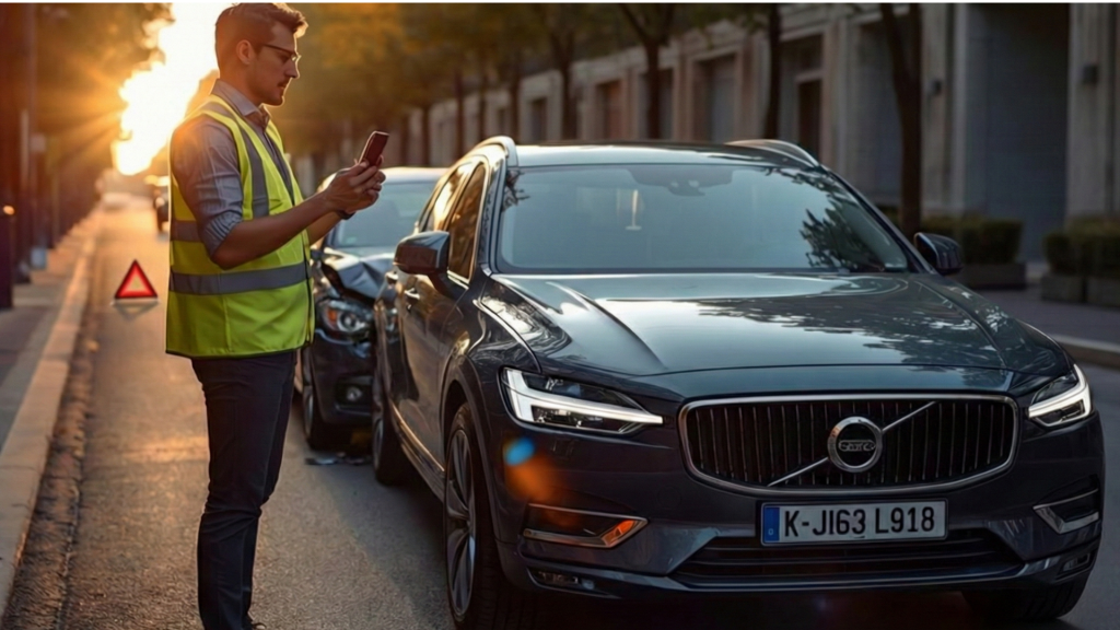 Mann dokumentiert einen Autounfall mit Smartphone neben einem beschädigten Fahrzeug