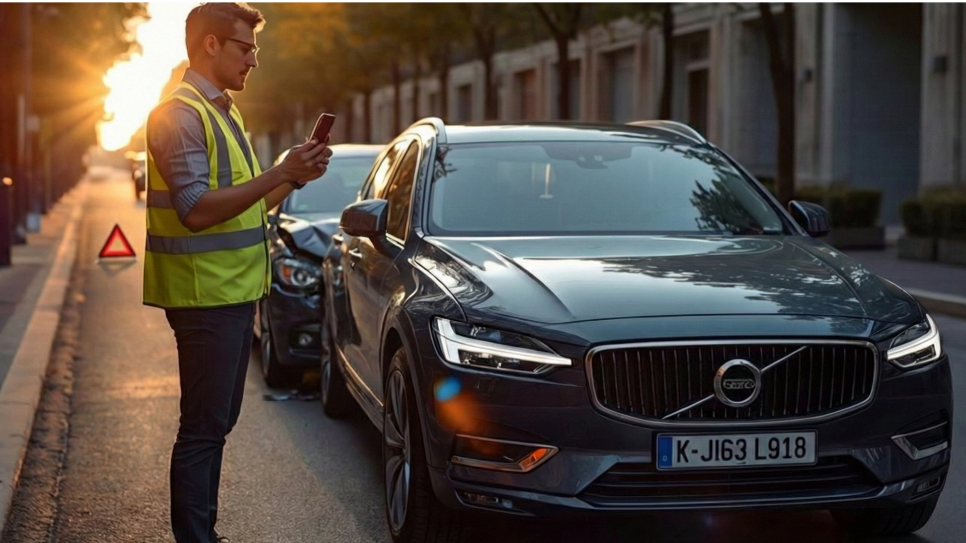 Mann dokumentiert einen Autounfall mit Smartphone neben einem beschädigten Fahrzeug