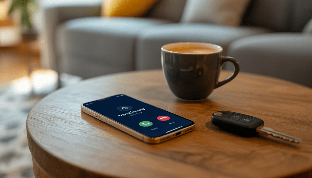 Smartphone auf einem Tisch zeigt eingehenden Anruf der Versicherung nach einem Unfall, daneben liegt ein Autoschlüssel.